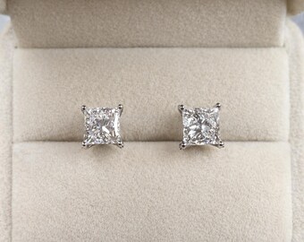 Princess Cut Lab Grown Diamond Stud Earrings in White Gold or yellow gold. 2.5 carat conflict free unisex diamond earrings.