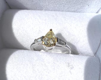 0.99 carat Pear cut genuine, natural fancy yellow diamond solitaire ring. Sparkly teardrop Diamond Halo Engagement Ring. Anniversary Gift
