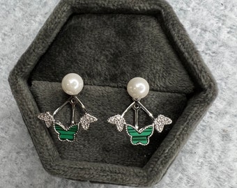 Sterling Silver Freshwater Pearl Butterfly jacket Earrings, Green & White Studs