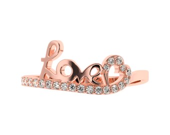 Love Heart Diamond Wedding Ring. Beautiful LOVE crafted Gold Ring with Diamond Heart. Conflict free Moisannite Diamond Ring in Silver, Gold
