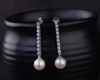 Pearl Statement Drop Earrings. Freshwater Pearl Dangling Diamond Earrings. Anniversary Gift | Long Chain Silver Pearl Earrings | Ear Threads