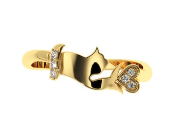 Korean Finger Heart Diamond Gold Ring. 14KT Yellow Gold Cute Heart Shape Ring For Her | Genuine Natural Diamond Ring in Silver or Gold tone