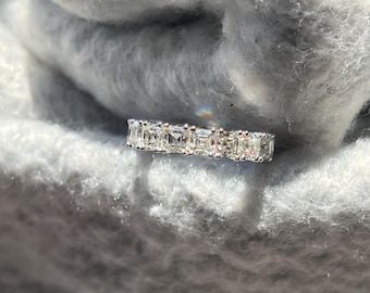 Asscher cut lab grown diamond wedding band in white gold. Three quarter length diamond eternity band. VS quality diamond band.