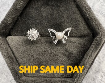 Mismatch earrings, butterfly and star mismatch earrings | start diamond earrings and cute pearl butterfly funny earrings in sterling silver