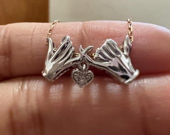Make a Promise Silver, Gold Necklace. Pinky Promise Charm pendant. Pinky promise diamond pendant. Holding hand diamond pendant. Gift for her