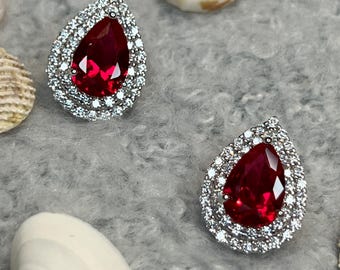 Huge cherry red ruby genuine gemstone stud earrings. Pear cut man made diamond bridal earrings. Tear drop silver stud for bridesmaids.