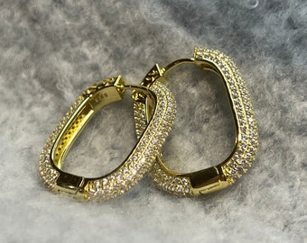 Triple Row Diamond Rectangular Hoops Gold | Multi Layer Double sided Diamond Long Hoops in Sterling Silver | Rose Gold Open Wedding Hoops