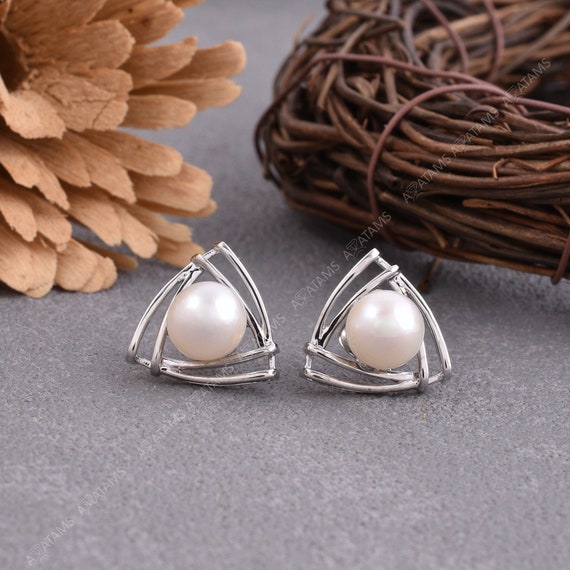 ◇TATIANA◇ [Silver 925][2 sets] Pearl ear jacket earring se Pearl Stud Earrings With Double Triangle Jacket | Fusion