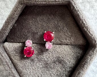 Pink yellow red blue diamond earrings in silver. Little doll earrings. Big and small genuine ruby, sapphire, pink tourmaline, citrine studs.