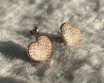 Diamond Heart Earrings in Rose Gold | Heart Cluster Stud Earrings Sterling Silver| Fine Jewelry in Budget| Moissanite Diamond Studs