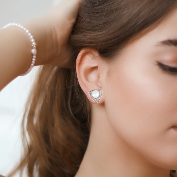 Pearl Stud Earrings With Double Triangle Jacket | Fusion
