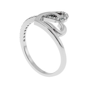 May include: A silver ring with two intertwined hearts, each heart is accented with small diamonds.