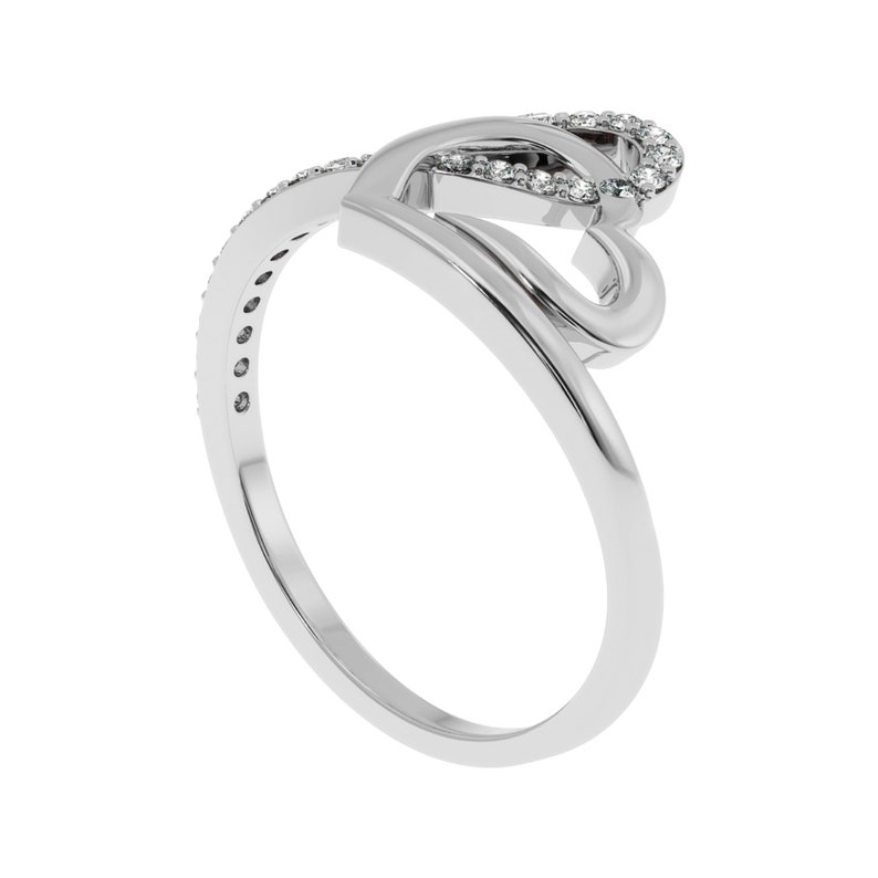 May include: A silver ring with two intertwined hearts, each heart is accented with small diamonds.