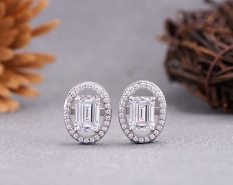 Emerald Cut Diamond Stud Earrings with Pave Halo | Oval Sparkle Engagement Style Earrings | Elegant Bridal & Everyday Jewelry in Gold.