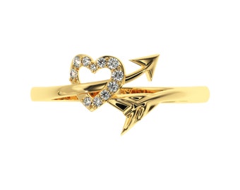 Heart Piercing arrow Diamond Ring. Love Arrow into the Heart 10 or 14K Gold Ring. Cupid Arrow Ring. Moissanite Diamond Ring in Silver, Gold