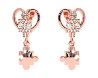 0.17 carat natural diamond Puzzle heart Gold earrings. Dangling Puzzle silver Earrings. Heart Earrings in Yellow,White,Rose gold or Silver.