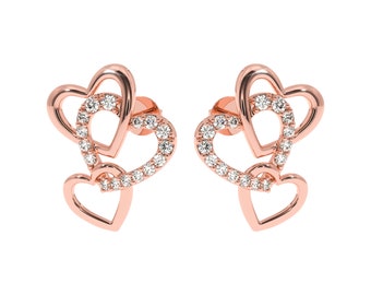Triple Hearts Diamond Earrings in 10Kt | Shinning Hearts Gold Earrings | Glitter Heart Diamond Earrings in Yellow,White,Rose gold or Silver.