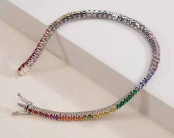 Multicolor gemstone tennis bracelet for women. Round cut Red, blue, Pink, Green, Orange gemstone. Diamond bracelet in 925 sterling Silver.