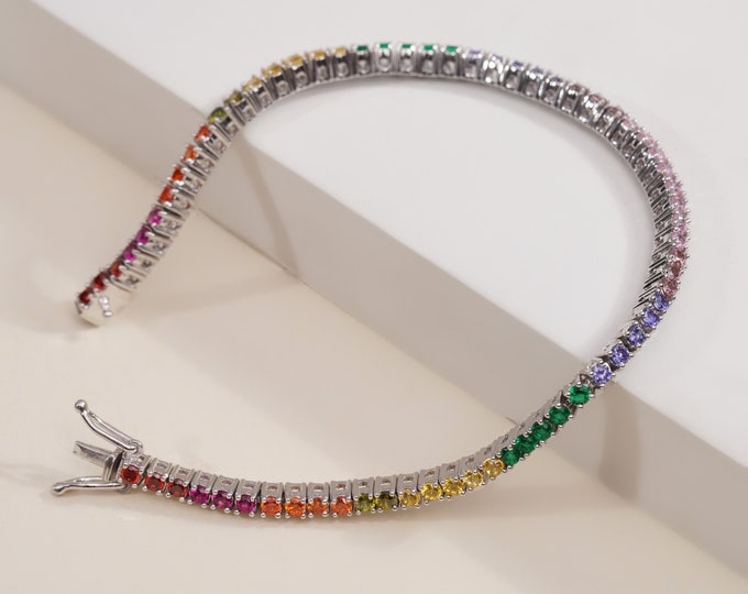 Featured listing image: Multicolor gemstone tennis bracelet for women. Round cut Red, blue, Pink, Green, Orange gemstone. Diamond bracelet in 925 sterling Silver.