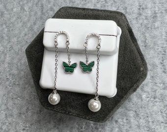 Boucles D'oreilles Pendantes Papillon Vert Et Perle Rose – Fantaisie, Acrylique, Cadeau Femme