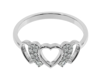 Heart Diamond Wings Gold Ring | Triple Heart Engagement, Love Ring For her. upcycled Lab Grown Diamond Wedding Ring in silver or Gold tones.