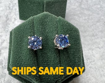 Sterling Silver and diamonds-December Birthstone Earrings-1.5 carat total weight round Blue Topaz Studs 6 mm/ Genuine Blue Topaz