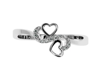 Two Hearts Connection Diamond Ring. Natural Diamond 10/14K Gold Ring. Infinity Heart Proposal Ring. Genuine Natural Diamond Ring for couples