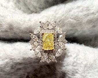 3.4 carat fancy Yellow Diamond Engagement Ring, 1.48 CT Radiant Cut Yellow Center Stone, Marquise Cluster Statement Ring. Halo diamond ring.