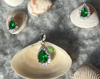 Bright Pink ruby or green emerald pear cut teardrop earring studs with baguette man made diamonds with matching pendant in sterling silver.