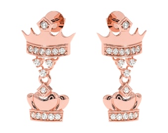 Crown and Heart Diamond Earrings in 10K. Queen tiara Diamond Gold Earrings. Diamond  Earrings For Women in Yellow,White,Rose Gold or Silver