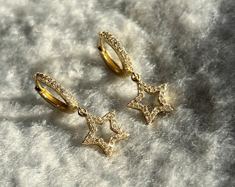 Star Diamond Earrings | Falling Star Hoop Earrings in Sterling Silver | Gold and White Gold Open Star Dangle | Ready to ship Christmas Gift