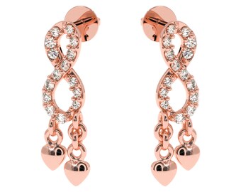 0.15 carat natural Diamond infinity gold Earrings. dangling Hearts Earrings. Gold Heart Diamond Earrings in Yellow,White,Rose gold or Silver