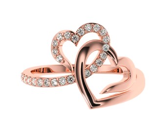 Genuine Natural Diamond Ring in Silver/Gold. Heart To Heart Gold Ring | His and Her Heart Engagement Ring | Two Heartbeat Ring For Women.