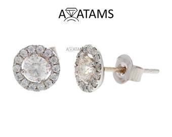 Round Diamond Frame Studs in White Gold, Cluster Diamond Earrings in 10kt Gold, Eco Friendly Moissanite Composite conflict free Diamond Stud