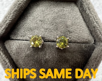 Sterling Silver and diamonds-August Birthstone Earrings-1.5 carat total weight round light Green Peridot Studs 6 mm/Color Stone