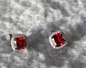 Huge cushion cut red garnet, fancy brown tourmaline, beige tourmaline earrings in sterling silver. Sparkling big cushion stud earrings gift.