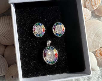 Rainbow Oval earrings and pendant. Multi Gemstone jewelry set in 925 sterling silver. Imperfect circle earring. colorful diamond jewelry set