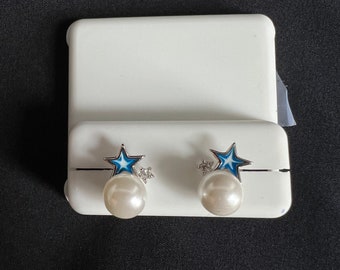 Freshwater Pearl & Blue Star stud Earrings in 925 sterling white silver with moissanite diamond.Beautiful pearl earrings for women and girls