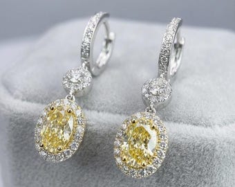 3 carat total Lab Grown Pink or Yellow Diamond Oval Drop Earrings in  Gold | Halo Dangle Earrings | Elegant Bridal Anniversary Gift for Her