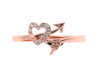 Heart Piercing arrow Diamond Ring. Love Arrow into the Heart 10 or 14K Gold Ring. 14KT Yellow Gold Couple Ring. Genuine Natural Diamond Ring