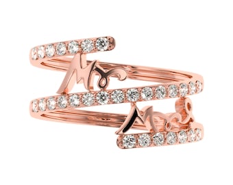Wedding Couple Ring for Mr and Mrs. Rose Gold Ring. Unisex Spiral Diamond Ring. Genuine Natural Diamond Ring in Silver or yellow, rose Gold