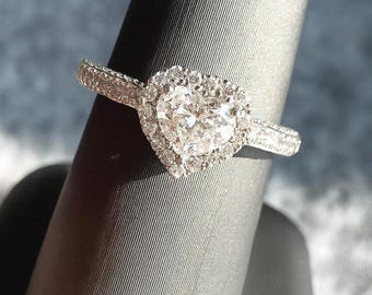 0.48 ct natural Heart Shaped Diamond Engagement Ring. 1.35 carat natural diamond. VS quality diamond. Sparkling Halo White Gold Bridal Ring.