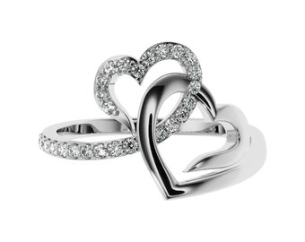 Heart To Heart Diamond Ring | His and Her Heart Engagement Ring | Two Hearts Ring For Women | Upcycled LabGrown Diamond Ring in Silver/Gold