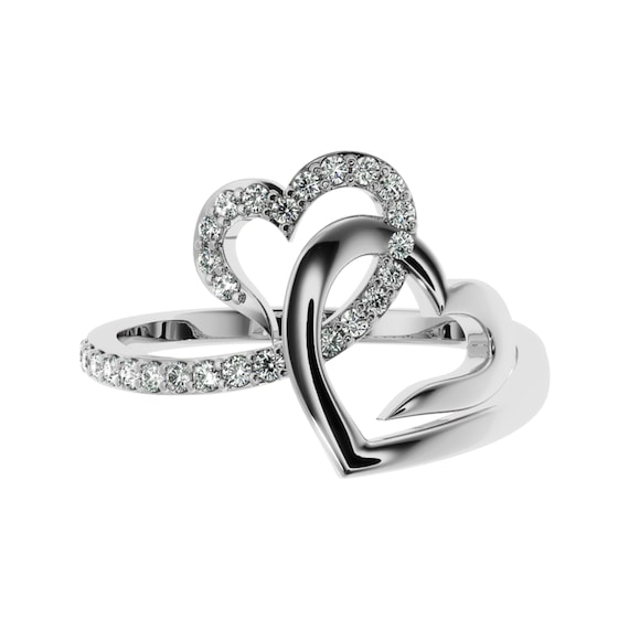 Heart To Heart Diamond Ring | His and Her Heart Engagement Ring | Two Hearts Ring For Women | Upcycled LabGrown Diamond Ring in Silver/Gold