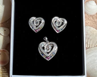 Rainbow heart earrings with matching pendant set in sterling silver. Double hearts colorful diamond earrings. Perfect gift. Vivid earrings.