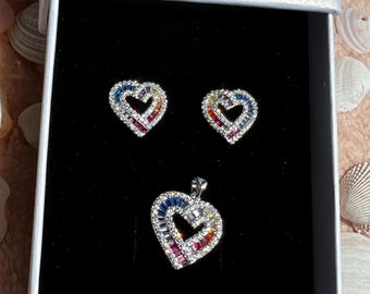 Multicolor Gemstone baugette cut Rainbow heart earrings and pendant set in 925 sterling silver. Imperfect circle. rainbow diamond earrings.
