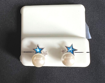 Freshwater Pearl & Blue Star stud Earrings in sterling white silver with moissanite diamond.Beautiful pearl earrings. Perfect gift for her