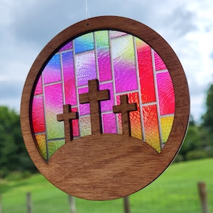 3 Crosses Wooden Suncatcher with Transparent Acrylic Background, Housewarming Gift, Unique Window Hanging, Baptism Present, Easter Decor
