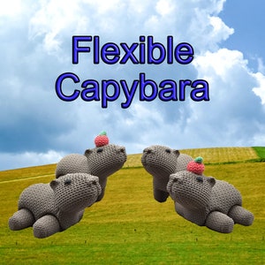 May include: Four gray crocheted capybara figurines with red and green accents. The capybaras are posed in a relaxed, sitting position. The text "Flexible Capybara" is displayed above the figurines.