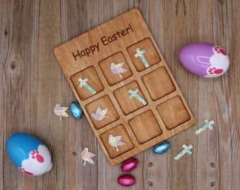Laser Cut Easter Tic Tac Toe Game Crafted by Designs By Scamper, Easter Basket, Travel Game, Bunnies, Eggs, Cross, Doves